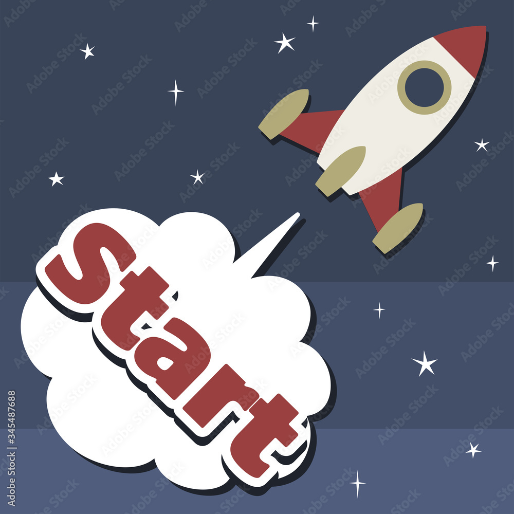 Naklejka premium Rocket flying in space with stars on background and speech bubble.