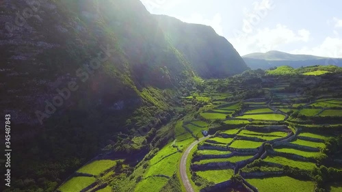 Drone footage of Green Fields in Flores Azores Island photo