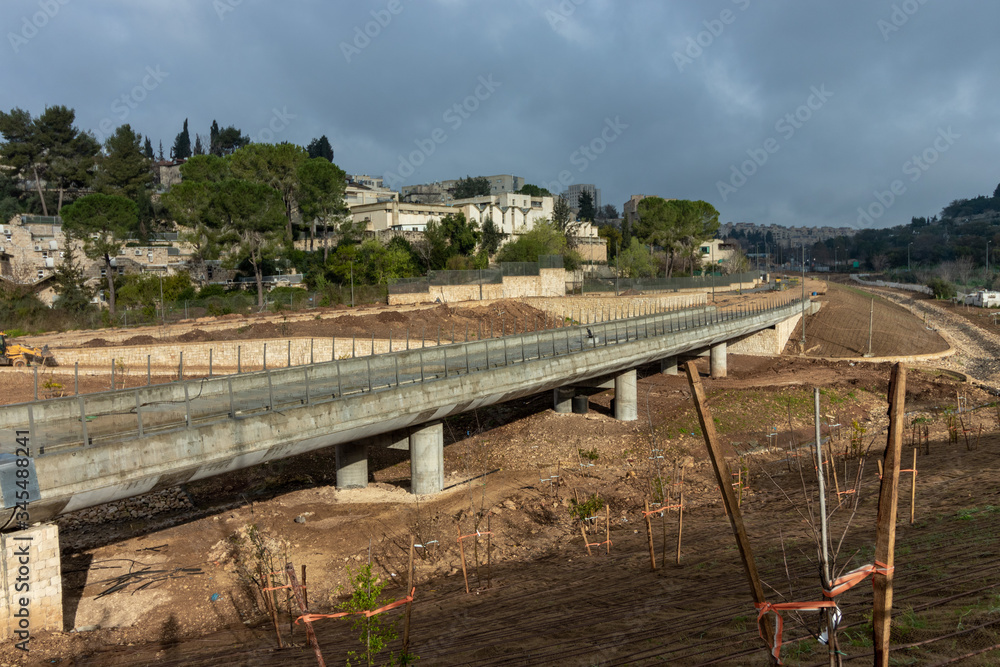 Construction of the new light rail bridge in Jerusalem