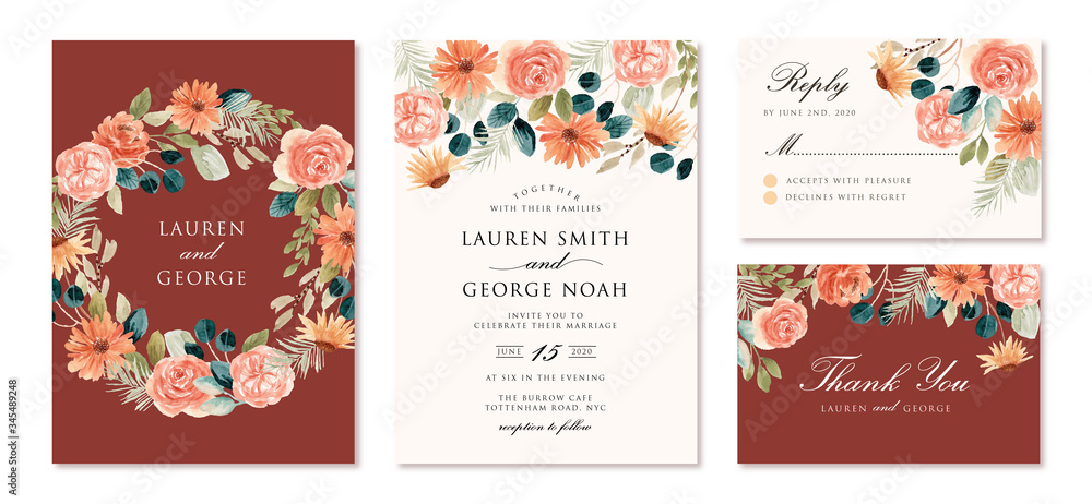 wedding invitation set with rustic peach floral watercolor