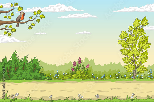 Summer garden landscape with bird. Hand drawn vector illustration with separate layers.