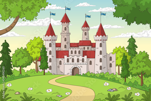 Castle in the forest. Hand drawn vector illustration with separate layers. © GabiWolf