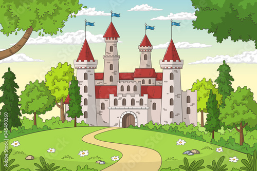 Castle in the forest. Hand drawn vector illustration with separate layers.