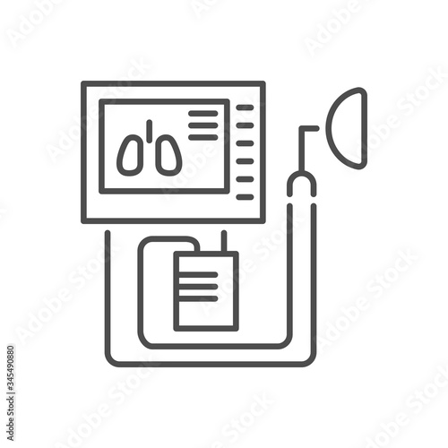 Medical ventilator related vector thin line icon. Ventilator with the image of the lungs on the screen. Isolated on white background. Editable stroke. Vector illustration.