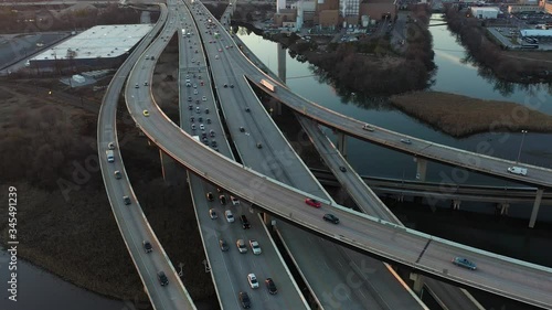 Baltimore, Maryland USA, Aerial View of I-95 and I-395 Highway Elevated Interchange and Overpass in Twilight