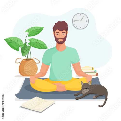Young man sits in the lotus position and meditating at home. The concept of yoga, meditation and relax. Health benefits for the body, mind and emotions. Flat vector illustration.