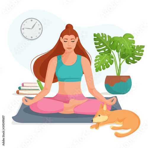Young woman sits in the lotus position and meditating at home. The concept of yoga, meditation and relax. Health benefits for the body, mind and emotions. Flat vector illustration.
