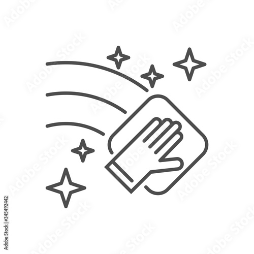 Cleaning related vector thin line icon. Hand with a napkin wipes the surface. Isolated on white background. Editable stroke. Vector illustration.