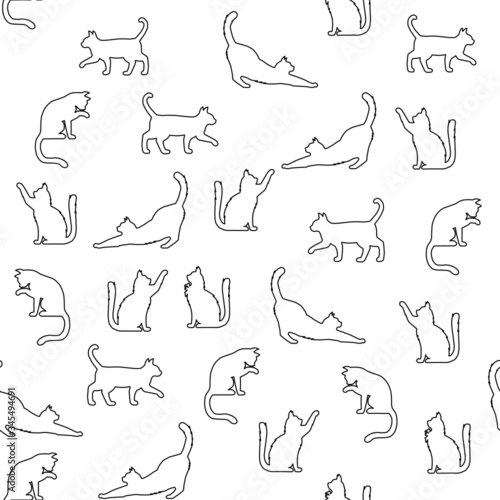 Seamless pattern of simply drawing kitty in various acting isolated on white background. 
