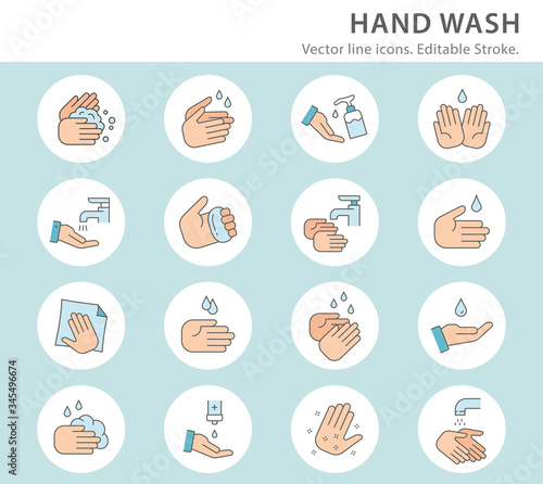 Hand washing line icon set. Vector illustration. Editable stroke.