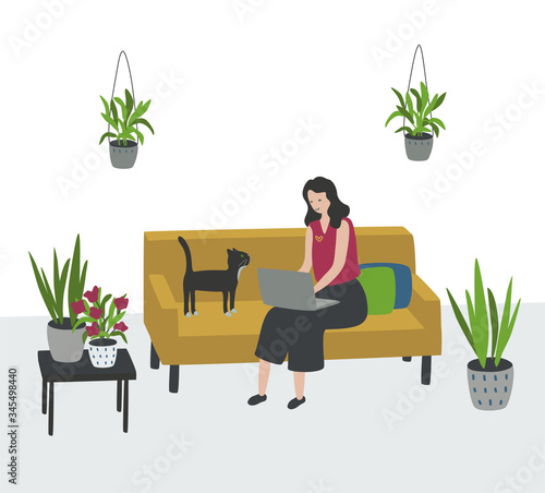 Lady work at the computer from home. Workplace in livingroom during quarantine coronavirus. Self isolation lifestyle. Stay home. Sitting woman freelancer and cat. Stay safe scene. Vector illustration