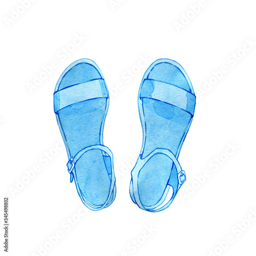 Hand drawn watercolor beach sandals on a white background