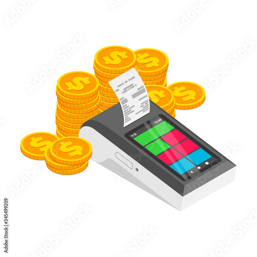 Big Profit, Financial success, business gain isometric concept. 3d smart payment terminal print receipt, online cash desk tablet with gold coin stack. Making money vector illustration for app, ad, web