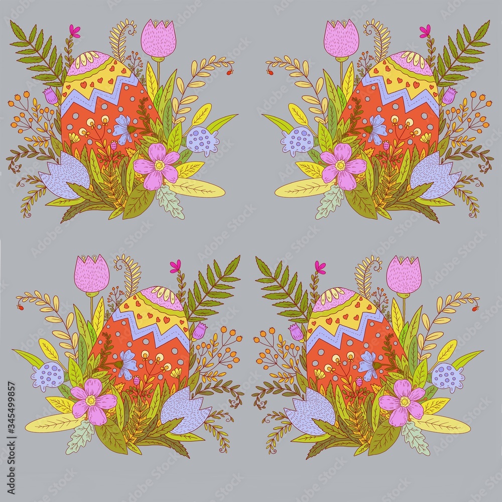 Fototapeta premium Easter background. Egg and flowers. Bright digital illustration. Illustration for the decor and design of posters, postcards, prints, stickers, invitations, textiles and stationery.