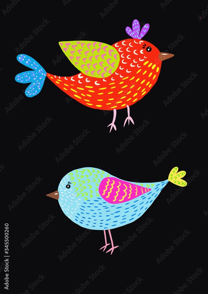 Birds on a black background. Bright digital illustration. Cute illustration for the decor and design of posters, postcards, prints, stickers, invitations, textiles and stationery.
