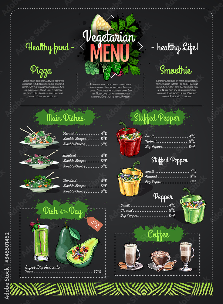 Naklejka Vegetarian menu design with vegan meals. Restaurant menu