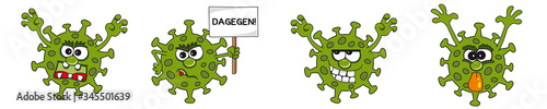 Virus Monster Corona als lustiger Comic gegen Impfpflicht und Maskenpflicht