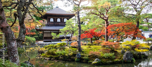 Scenery Ginkakuji temple or the Silver Pavilion in Autumn foliage season, landmark and famous for tourist attractions in Kyoto, Kansai, Japan