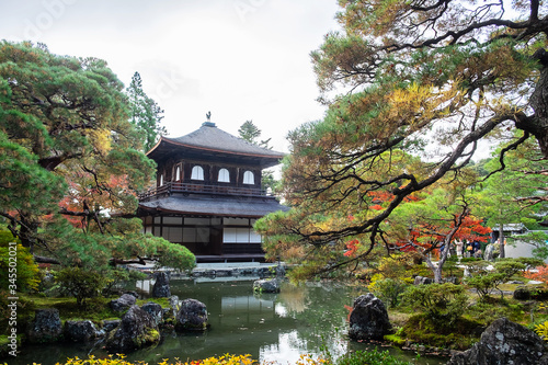 Scenery Ginkakuji temple or the Silver Pavilion in Autumn foliage season, landmark and famous for tourist attractions in Kyoto, Kansai, Japan photo