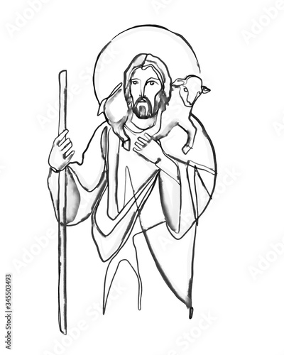 Jesus Christ Good Shepherd with sheep illustration