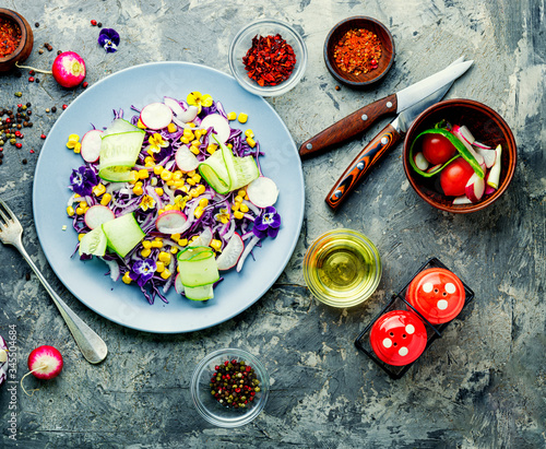 Spring salad with edible flowers.