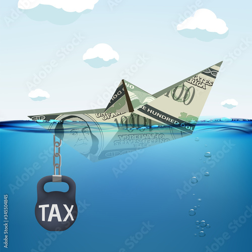 Paper boat made from a dollar currency sinking in water.