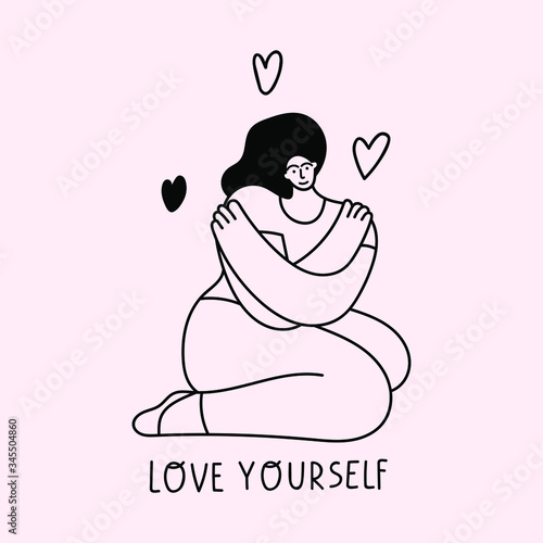 Love yourself. Girl sitting on the floor and hug herself. Illustration on pink background.