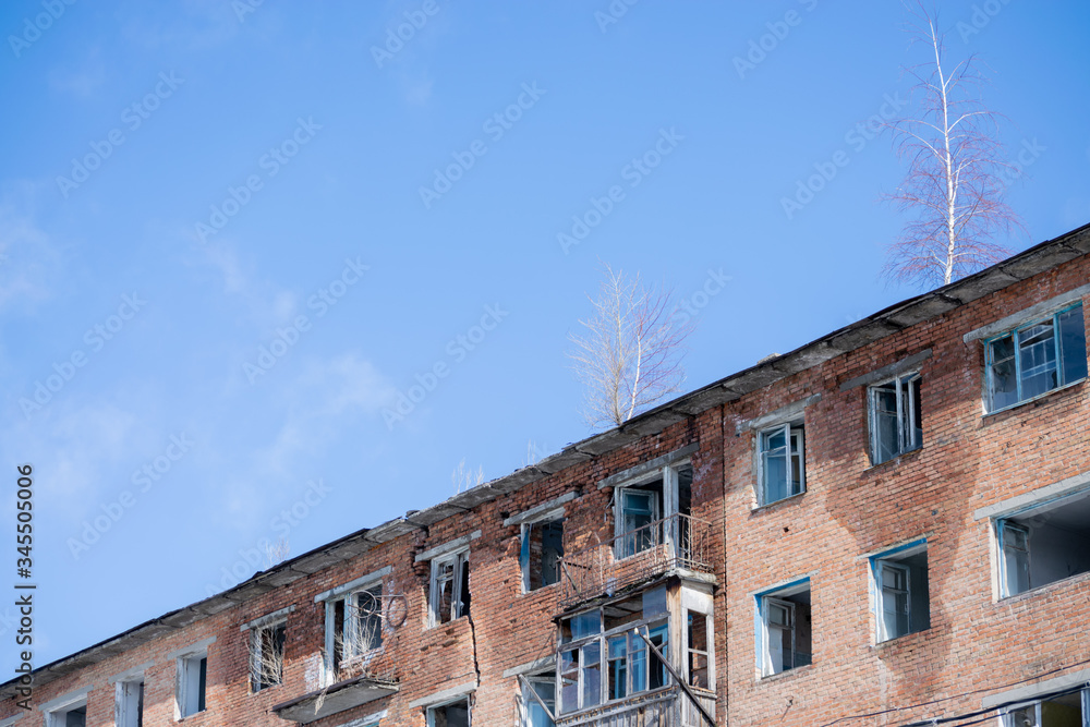 A collapsing house on which trees grow.