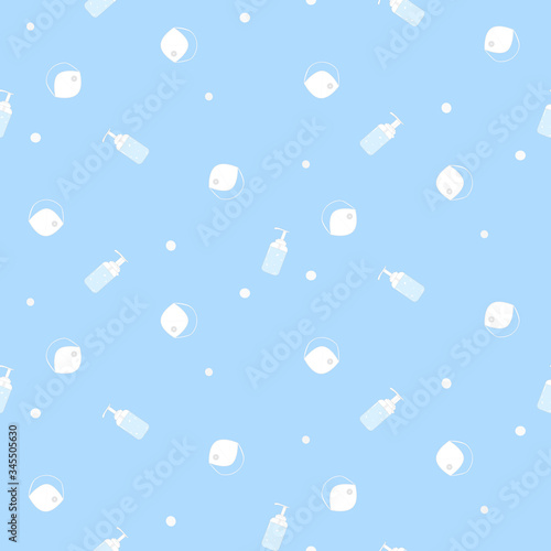 Vector - Seamless pattern. White face mask (N95) and bottle of alcohol gel on blue background. Hygiene, Healthcare concept. Can be use for print, paper, web.