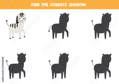 Find the right shadow of cartoon zebra. Logical game for children.