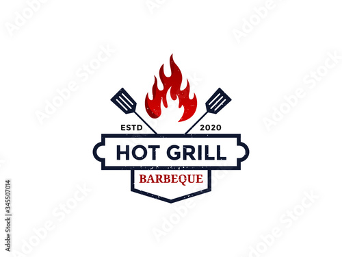 Vintage Retro Barbeque Grill, BBQ vector logo template