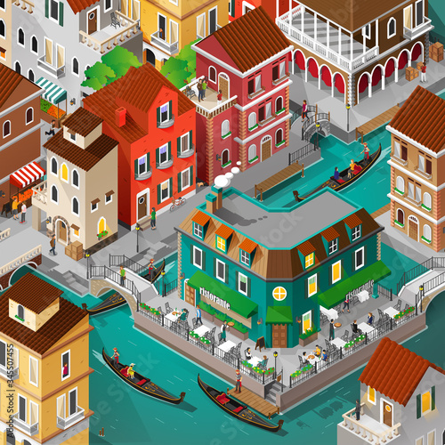 Isometric venice building and people activity