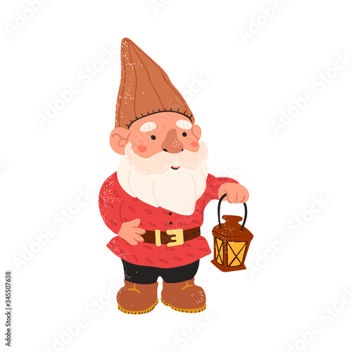 Vector colorful illustration of garden gnome isolated on white background. Cute fairytale character