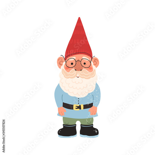 Vector colorful illustration of garden gnome isolated on white background. Cute fairytale character