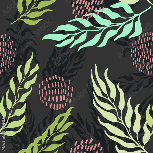 Vector seamless pattern with colorful illustration of exotic leaves. Use it for wallpaper, textile print, pattern fills, web page, surface textures, wrapping paper, design of presentation