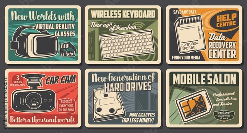 Technology devices, computer, phone and internet communication, vector retro posters. Electronic smart digital gadgets, virtual reality VR glasses, wireless keyboard and computer technology devices