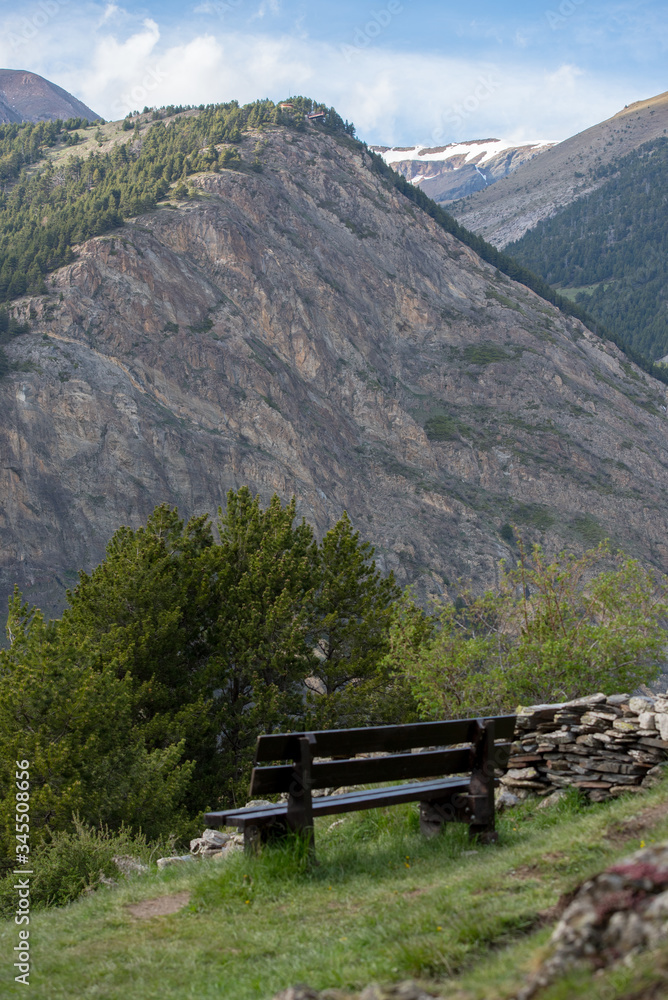 Beautiful view of the Andorran mountains in Canillo, Bench overlooking the Roc del Quer viewpoint, Andorra