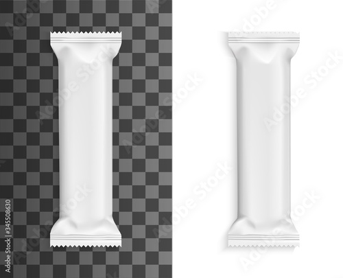Bar pack package, chocolate candy wrapper vector mockup template. Blank white food snack Bar pack package, plastic foil bag, biscuit, sugar or coffee stick pouch wrap