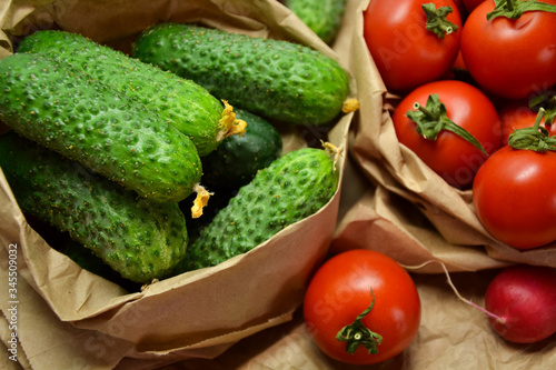 Fresh vegetables from farmers market. Cucumbers, tomatoes, radish. Pickle cucumbers. Organic vegetables. Salad ingredients.