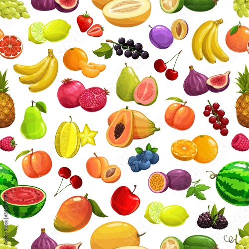 Vector pineapple and peach, banana and watermelon tropical fruit and berries seamless pattern background. Orange and pomegranate, cherry and tropic fig, starfruit carambola and papaya, mango and apple