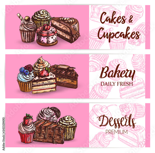 Dessert and sweet cakes, cupcakes and bakery vector sketch banners. Chocolate cream and muffin pastry desserts, patisserie confectionery panna cotta, tiramisu biscuit and pudding with strawberry