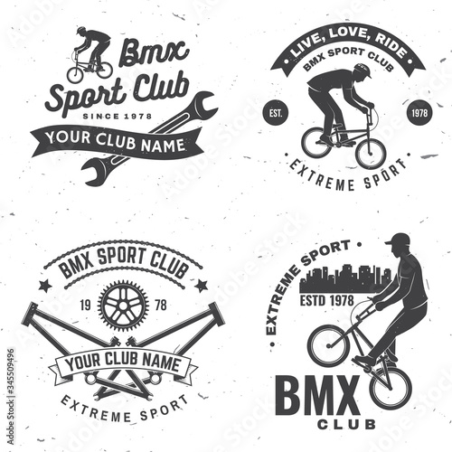 Set of bmx extreme sport club badge. Vector. Concept for shirt, logo, print, stamp, tee with man ride on a sport bicycle. Vintage typography design with bmx cyclist, bmx sprocket and chain silhouette