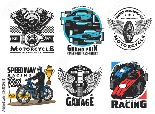 Speedway and motor racing sport club vector icons. Speedway and motor races championship, wheel and wings emblem. Drag race tournament, engine and spark plug, service and repair icons