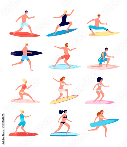 Surfers. Funny people, female surfer standing on surfboard. Happy guy in beachwear. Active surfing boy and girl, beach lifestyle vector set. Ocean surfing, recreation extreme, surfboard illustration
