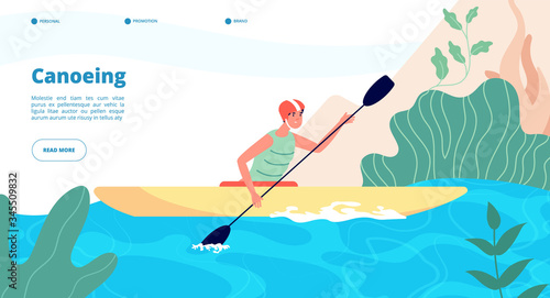 Canoeing and kayaking. Water sport website template. Man in kayak in blue lake. Extreme activity, fun outdoor recreation vector landing page. Illustration sport canoe, summer recreation kayaking