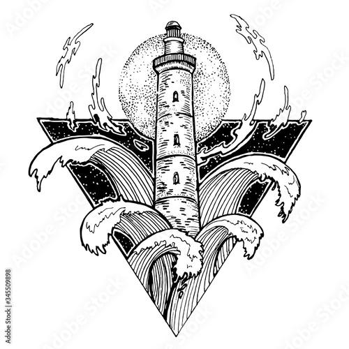 A black and white drawing of the lighthouse. Graphic vector illustration. Hand-drawn drawing.