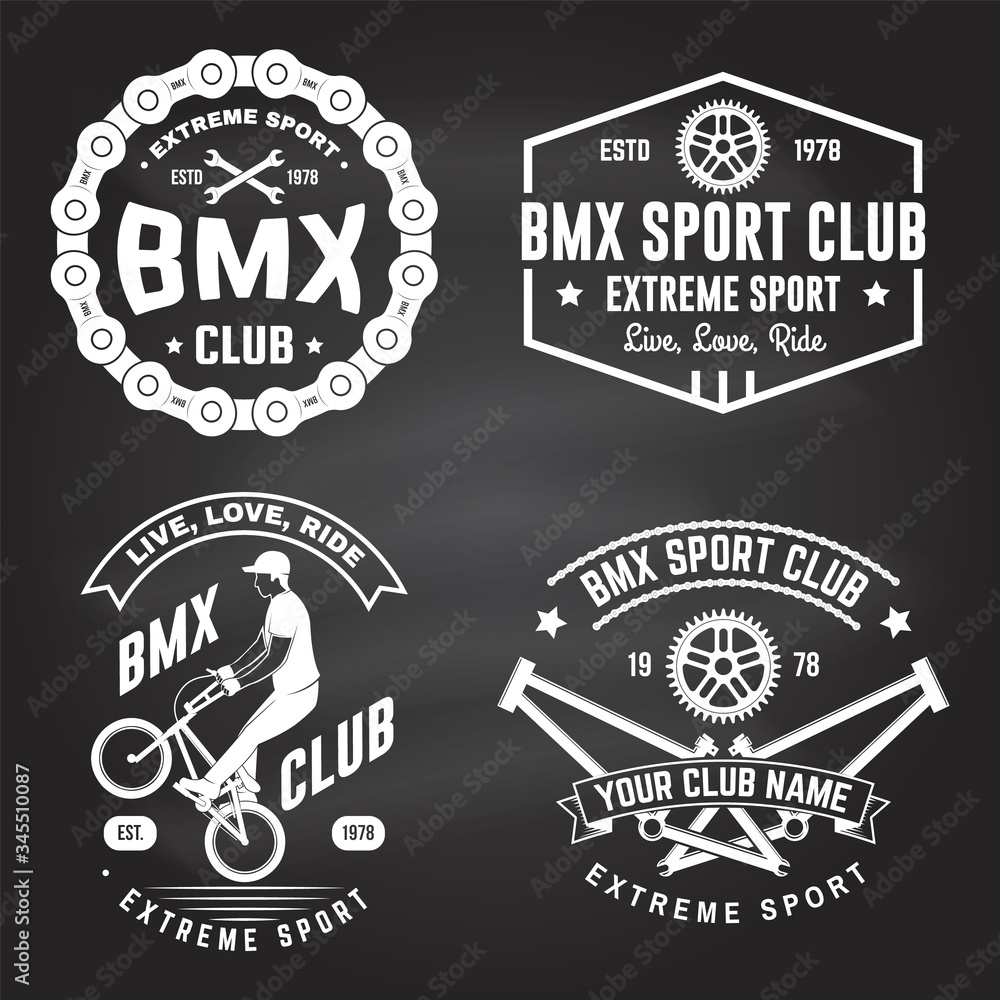 Set of bmx extreme sport club badge on chalkboard. Vector. Concept for  shirt, logo with man ride on a sport bicycle. Vintage design with bmx  cyclist, bmx sprocket and chain silhouette. Stock