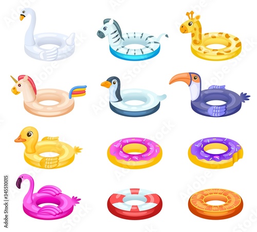 Rubber rings. Swimming ring, inflatable lifesaver for pool. Isolated sea rescue floater, unicorn, donut and duck. Vector swim equipment set. Rubber swim lifesaver, inflatable protection illustration