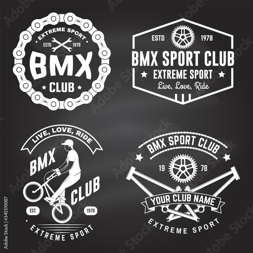 Set of bmx extreme sport club badge on chalkboard. Vector. Concept for shirt, logo with man ride on a sport bicycle. Vintage design with bmx cyclist, bmx sprocket and chain silhouette.