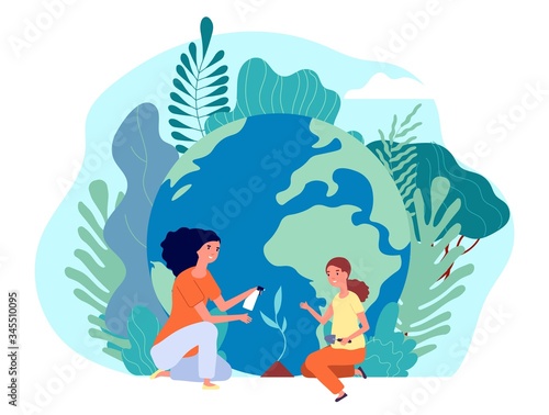 Saving planet. Environment day, ecology woman and girl planting tree. Earth, happy green world. People with sprout vector illustration. Ecology environment, natural ecosystem worldwide